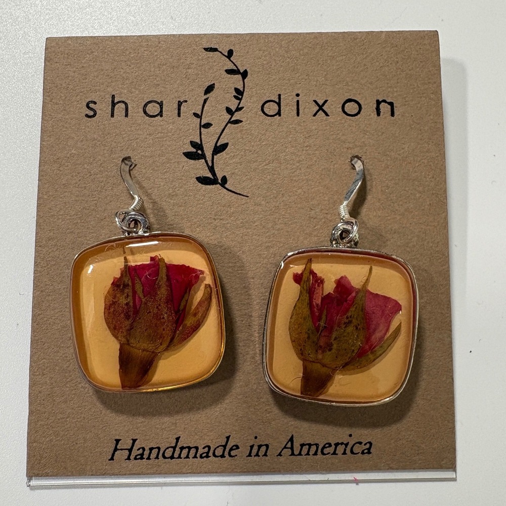 Shari Dixon Handmade Dried Flower Rose Bud Resin Square Dangle Earrings‎ NWT